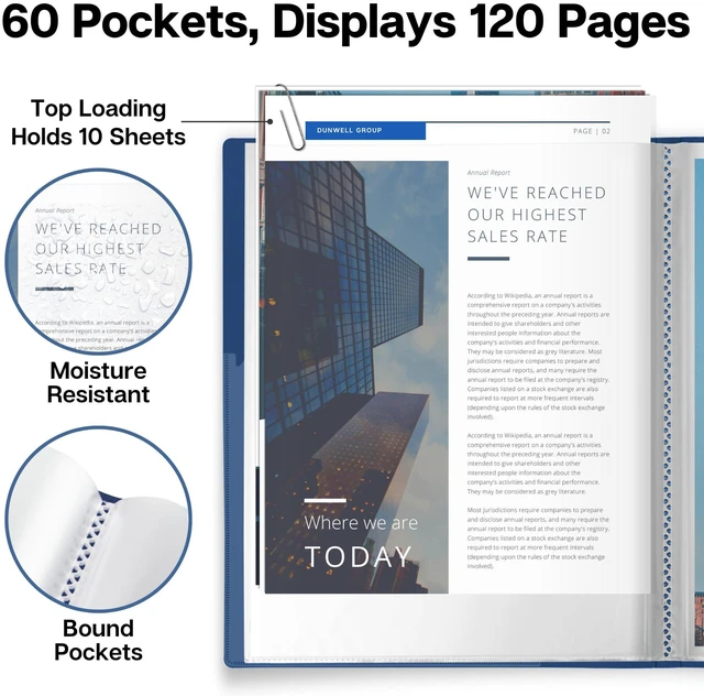Alt view image 3 of 7 - Presentation Binder 60-Pocket, Displays 120 Pages, 8.5x11 Portfolio Binder with Plastic Sleeves, Storage and Organizer for Documents, Photos, Kids Artwork, Projects, Recipes (Blue)