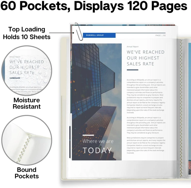 Alt view image 3 of 7 - Presentation Binder 60-Pocket, Displays 120 Pages, 8.5x11 Portfolio Binder with Plastic Sleeves, Storage and Organizer for Documents, Photos, Kids Artwork, Projects, Recipes (Ivory)