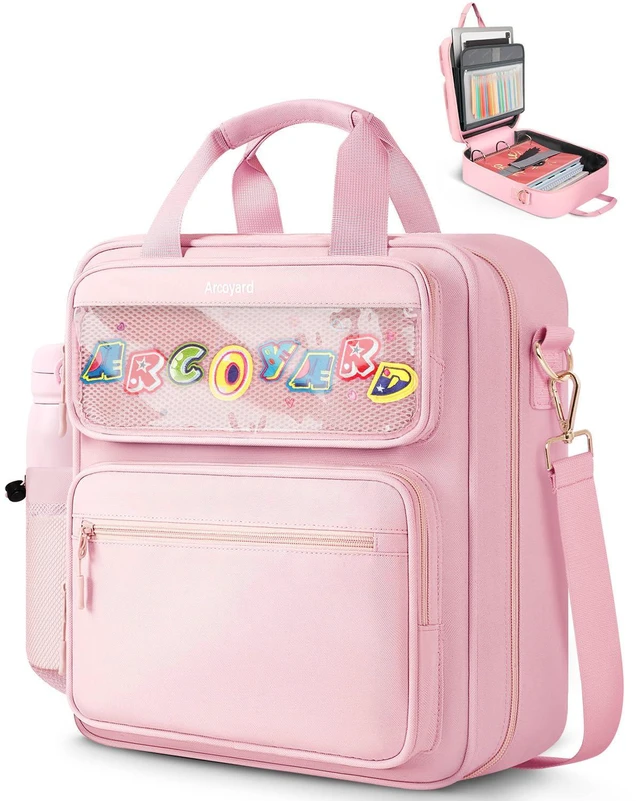 Main image of Zipper Binder 3 Ring with Ita Window, 3 Inch D-Ring Binder with Zipper and Strap Fits 14" Laptop, 600+ Sheets Capacity 3-in-1 Shoulder/Backpack/Handle Binder Bag for School Office Commute, Pink