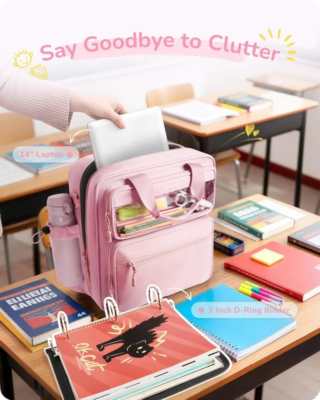 Alt view image 3 of 7 - Zipper Binder 3 Ring with Ita Window, 3 Inch D-Ring Binder with Zipper and Strap Fits 14" Laptop, 600+ Sheets Capacity 3-in-1 Shoulder/Backpack/Handle Binder Bag for School Office Commute, Pink