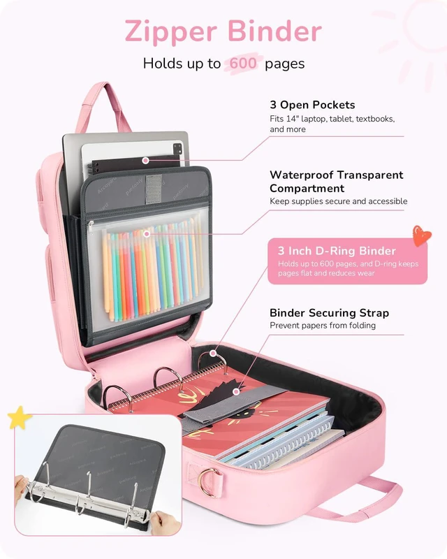 Alt view image 4 of 7 - Zipper Binder 3 Ring with Ita Window, 3 Inch D-Ring Binder with Zipper and Strap Fits 14" Laptop, 600+ Sheets Capacity 3-in-1 Shoulder/Backpack/Handle Binder Bag for School Office Commute, Pink