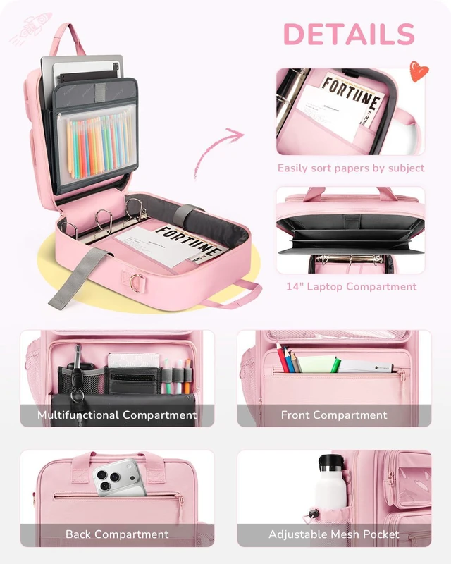 Alt view image 5 of 7 - Zipper Binder 3 Ring with Ita Window, 3 Inch D-Ring Binder with Zipper and Strap Fits 14" Laptop, 600+ Sheets Capacity 3-in-1 Shoulder/Backpack/Handle Binder Bag for School Office Commute, Pink