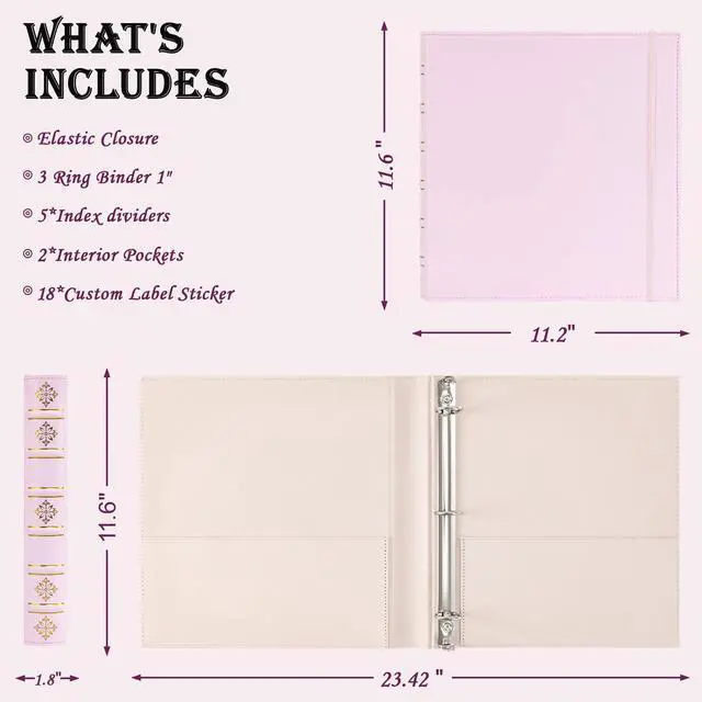 Alt view image 2 of 7 - Vintage Leather 3 Ring Binder 1 Inch, Hardback D Ring Binder with Pockets and 5 Tab Dividers, Book Style Document Organizer Fits Letter Size Paper for Home and Office Pink