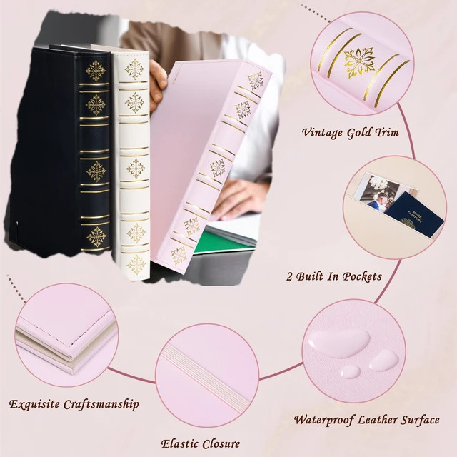 Alt view image 4 of 7 - Vintage Leather 3 Ring Binder 1 Inch, Hardback D Ring Binder with Pockets and 5 Tab Dividers, Book Style Document Organizer Fits Letter Size Paper for Home and Office Pink