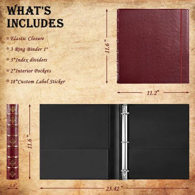 Alt view image 2 of 6 - Vintage 3 Ring Binder 1 Inch, Leather Hardback D Ring Binder with Pockets and 5 Tab Dividers, Book Style Document Organizer Fits Letter Size for Home and Office Burgundy