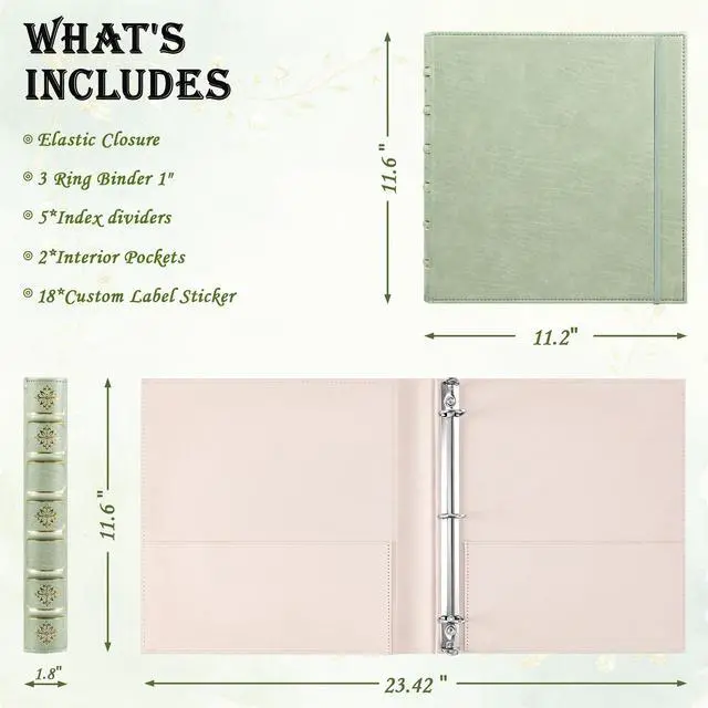 Alt view image 2 of 6 - Leather 3 Ring Binder 1 Inch, Vintage Hardback D Ring Binder with Pockets and 5 Tab Dividers, Book Style Document Organizer Fits Letter Size for Home and Office Sage Green