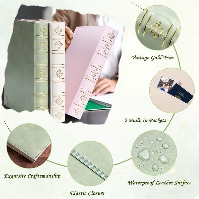 Alt view image 4 of 6 - Leather 3 Ring Binder 1 Inch, Vintage Hardback D Ring Binder with Pockets and 5 Tab Dividers, Book Style Document Organizer Fits Letter Size for Home and Office Sage Green