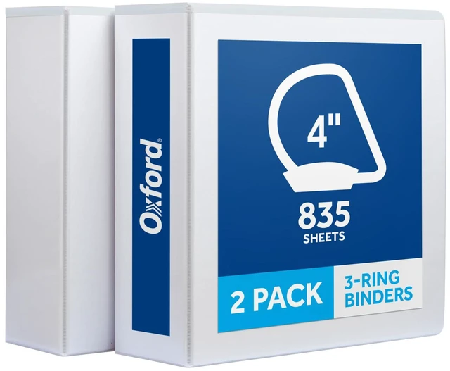 Main image of 4 Inch 3 Ring Binders, 2 Pack, White, Holds 835 Sheets D rings, clear view covers for custom inserts, and 2 inside pockets. PVC free, non stick