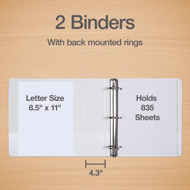 Alt view image 2 of 7 - 4 Inch 3 Ring Binders, 2 Pack, White, Holds 835 Sheets D rings, clear view covers for custom inserts, and 2 inside pockets. PVC free, non stick