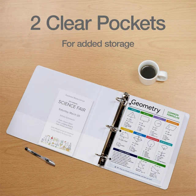 Alt view image 4 of 7 - 4 Inch 3 Ring Binders, 2 Pack, White, Holds 835 Sheets D rings, clear view covers for custom inserts, and 2 inside pockets. PVC free, non stick