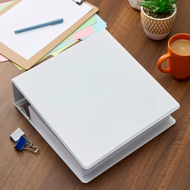 Alt view image 7 of 7 - 4 Inch 3 Ring Binders, 2 Pack, White, Holds 835 Sheets D rings, clear view covers for custom inserts, and 2 inside pockets. PVC free, non stick
