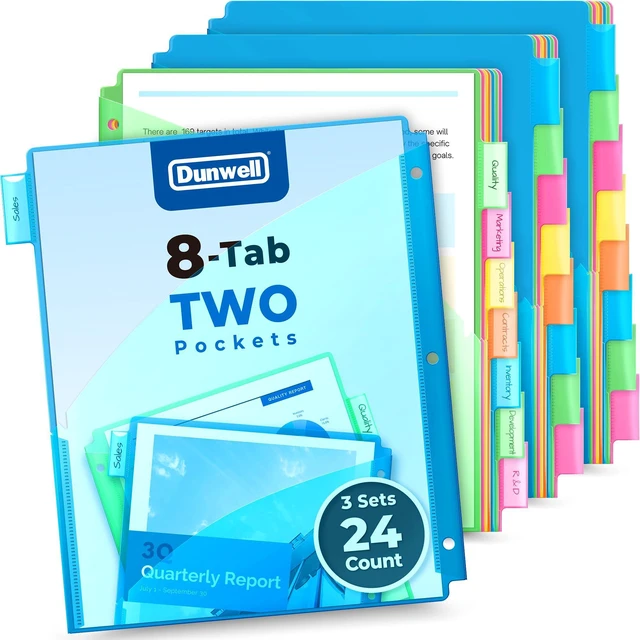 Main image of 2-Pocket 8-Tab Dividers for 3-Ring Binders, 3 Sets, 24 Counts 8 Insertable Tabs, 5 Assorted Colors, Pocket Binder Dividers, Tear-Resistant Acid-Free Poly