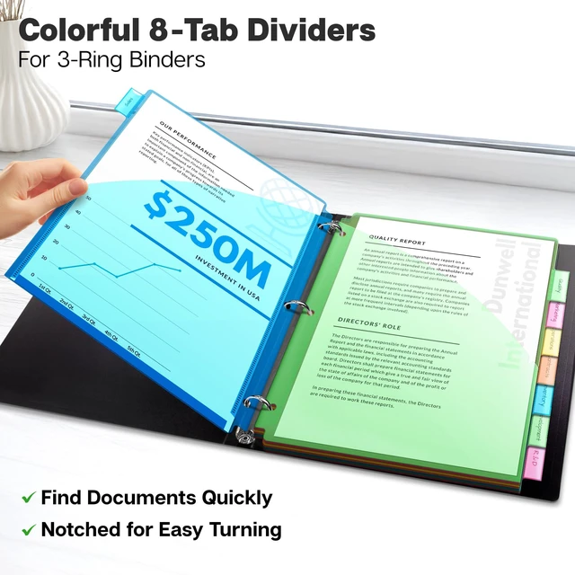 Alt view image 2 of 7 - 2-Pocket 8-Tab Dividers for 3-Ring Binders, 3 Sets, 24 Counts 8 Insertable Tabs, 5 Assorted Colors, Pocket Binder Dividers, Tear-Resistant Acid-Free Poly