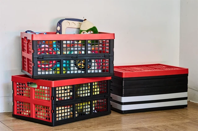 Alt view image 7 of 7 - 3-Pack Plastic Collapsible Storage Crates-30L,Foldable Plastic Crates for Storage (Black+Red)