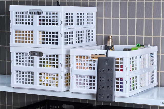 Alt view image 5 of 7 - 3-Pack Plastic Collapsible Storage Crates-30L,Foldable Plastic Crates for Storage (White)