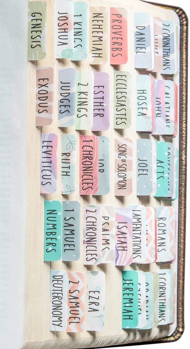 Main image of Laminated Bible Tabs for Women and Men (Uniform Theme) Large Print Bible Book Tabs, Bible Study Journaling Supplies, 66 Personalized Scripture Index Tabs and 6 Blank Labels