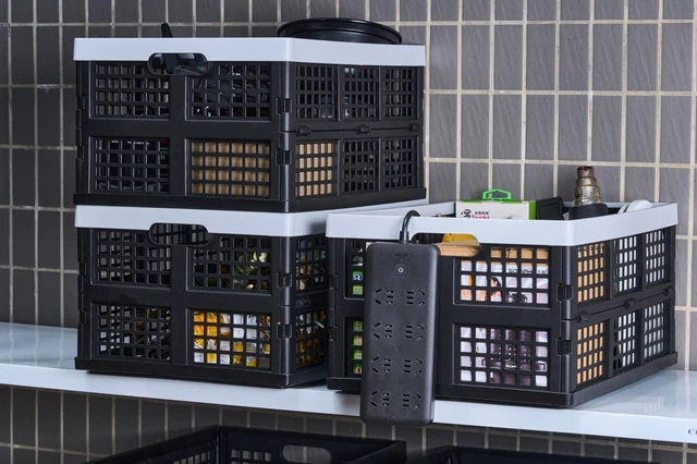 Alt view image 5 of 7 - 3-Pack Plastic Collapsible Storage Crates-30L,Foldable Plastic Crates for Storage (Black+Gray)