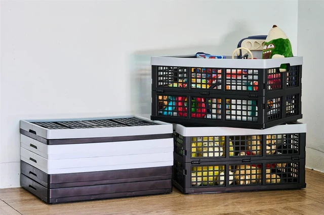 Alt view image 7 of 7 - 3-Pack Plastic Collapsible Storage Crates-30L,Foldable Plastic Crates for Storage (Black+Gray)