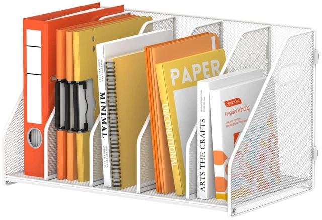Main image of Binder Organizer, Magazine File Holder with 5 Vertical Rack, White Metal Desk File Organizer & Binder Holders, Magazine Organizers for Office Desktop, Home, School, Classroom
