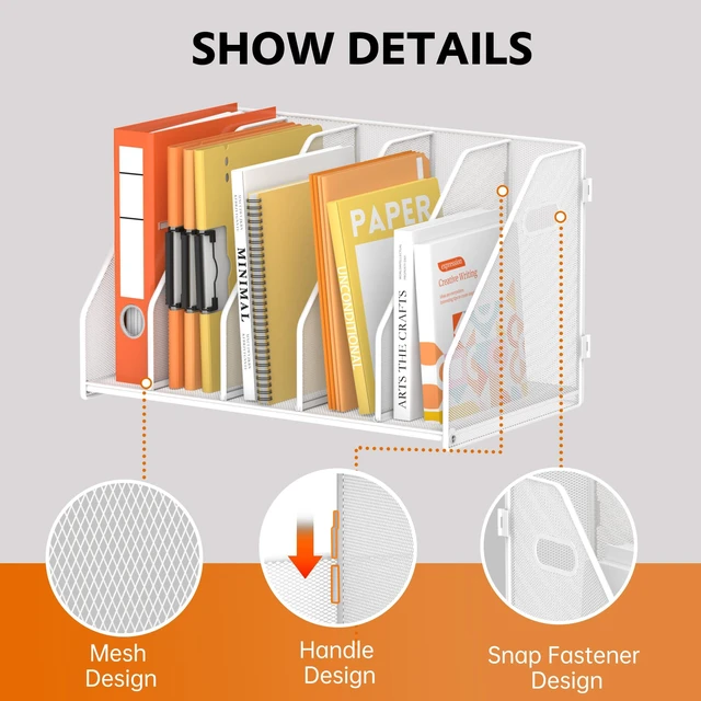 Alt view image 4 of 7 - Binder Organizer, Magazine File Holder with 5 Vertical Rack, White Metal Desk File Organizer & Binder Holders, Magazine Organizers for Office Desktop, Home, School, Classroom