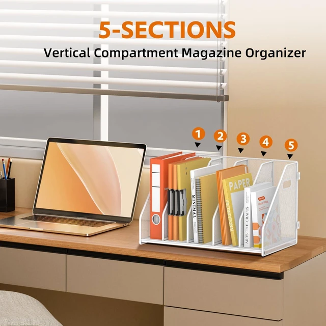 Alt view image 6 of 7 - Binder Organizer, Magazine File Holder with 5 Vertical Rack, White Metal Desk File Organizer & Binder Holders, Magazine Organizers for Office Desktop, Home, School, Classroom
