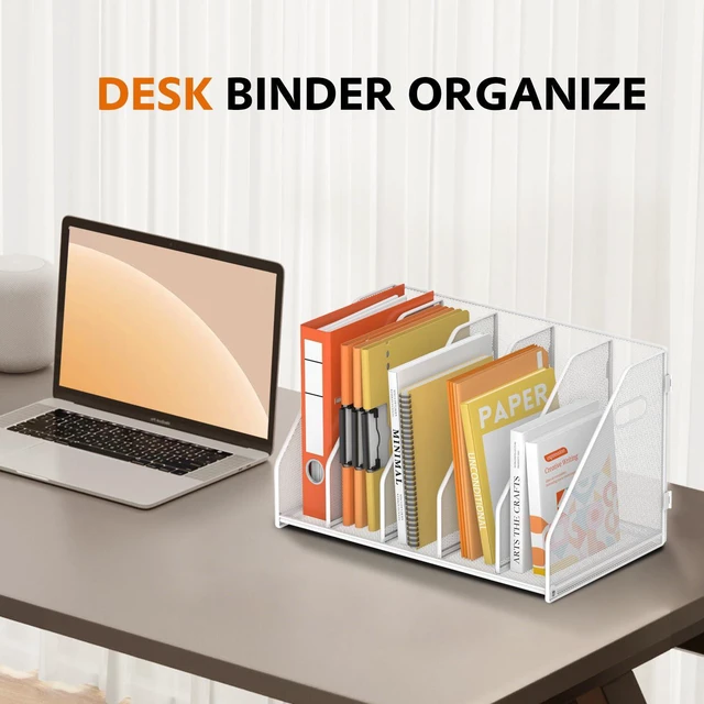 Alt view image 7 of 7 - Binder Organizer, Magazine File Holder with 5 Vertical Rack, White Metal Desk File Organizer & Binder Holders, Magazine Organizers for Office Desktop, Home, School, Classroom