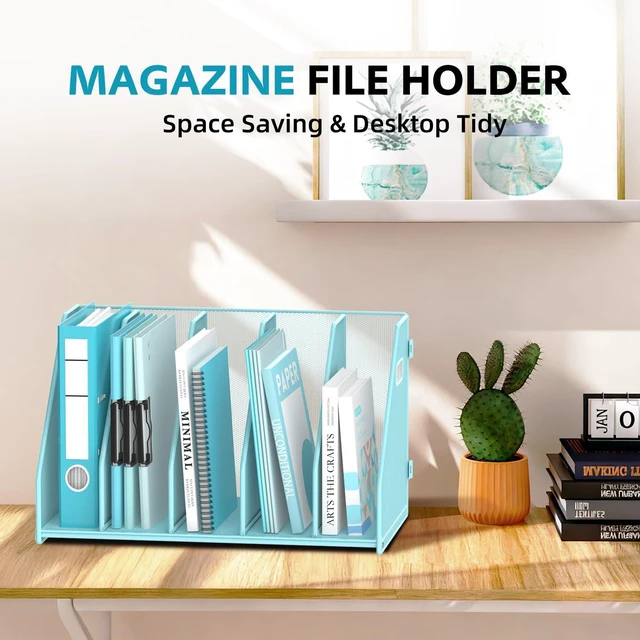 Alt view image 2 of 7 - Binder Organizer, Magazine File Holder with 5 Vertical Rack, Blue Metal Desk File Organizer & Binder Holders, Magazine Organizers for Office Desktop, Home, School, Classroom