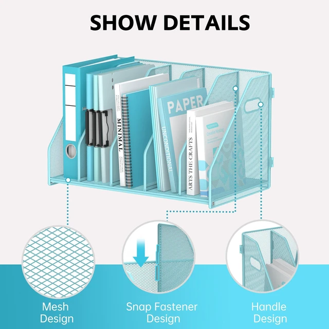 Alt view image 4 of 7 - Binder Organizer, Magazine File Holder with 5 Vertical Rack, Blue Metal Desk File Organizer & Binder Holders, Magazine Organizers for Office Desktop, Home, School, Classroom