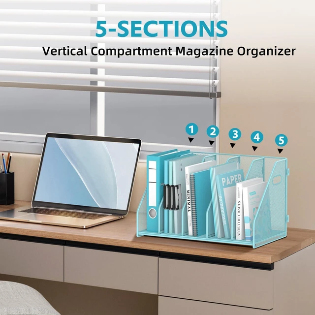 Alt view image 6 of 7 - Binder Organizer, Magazine File Holder with 5 Vertical Rack, Blue Metal Desk File Organizer & Binder Holders, Magazine Organizers for Office Desktop, Home, School, Classroom