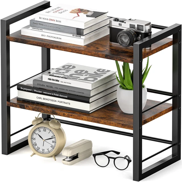 Main image of Office Desk Shelf Organizer, Wood Desktop Bookshelf Supplies Storage Rack, Shelf for Top of Desk and Dresser (Brown-2 Tier)