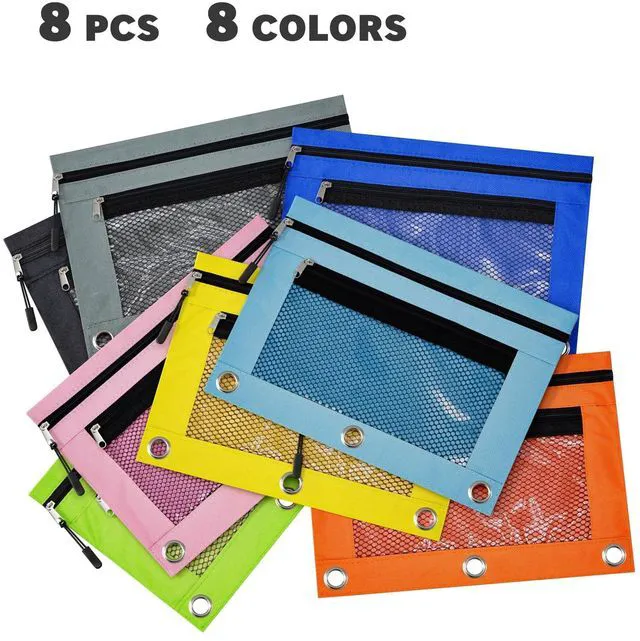 Alt view image 2 of 7 - 3 Ring Pencil Pouch, Binder Pencil Pouch with Zipper and Mesh Window,8pack 8colors