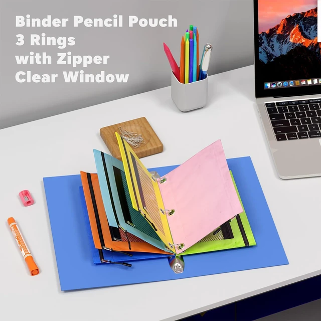 Alt view image 3 of 7 - 3 Ring Pencil Pouch, Binder Pencil Pouch with Zipper and Mesh Window,8pack 8colors