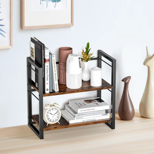 Alt view image 2 of 7 - Office Desk Shelf Organizer, Wood Desktop Bookshelf Supplies Storage Rack, Shelf for Top of Desk and Dresser (Brown-2 Tier)