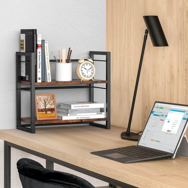 Alt view image 5 of 7 - Office Desk Shelf Organizer, Wood Desktop Bookshelf Supplies Storage Rack, Shelf for Top of Desk and Dresser (Brown-2 Tier)