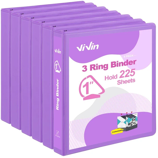 Main image of Sturdy 1 Inch D Ring Binders with 2 Pockets, 6 Pack, Purple 3 Ring Binders with Clear View Cover, Hold 225 Sheets of US Letter Size Paper, PVC-Free for Office, Home, School