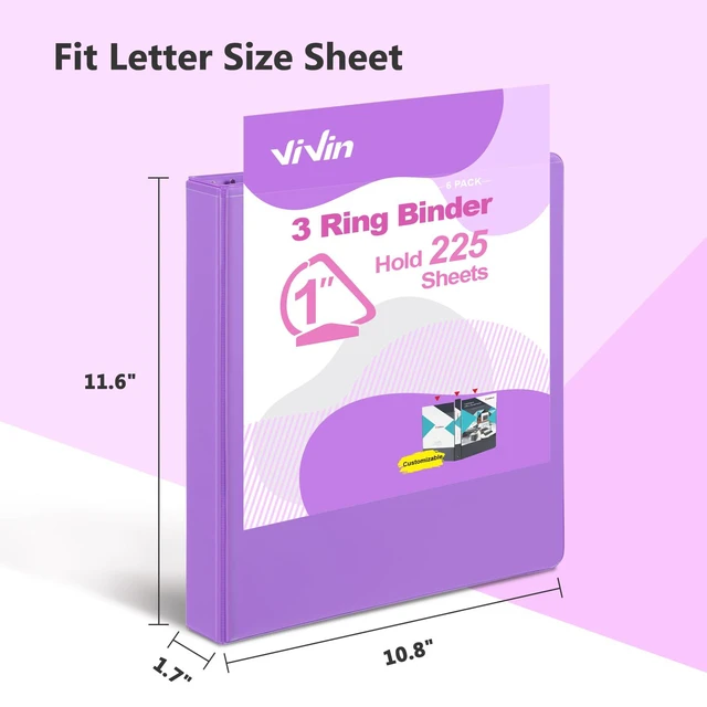Alt view image 2 of 7 - Sturdy 1 Inch D Ring Binders with 2 Pockets, 6 Pack, Purple 3 Ring Binders with Clear View Cover, Hold 225 Sheets of US Letter Size Paper, PVC-Free for Office, Home, School