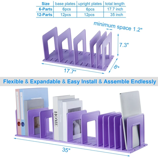 Alt view image 2 of 7 - Adjustable Vertical File Sorter Sturdy Plastic Expandable Upright File Holder, Desktop Binder Organizer, School Office File Organizer Bookshelf Divider, Assemble Easily Endlessly, Purple