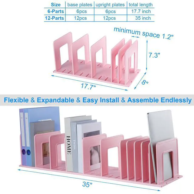 Alt view image 2 of 7 - Adjustable Vertical File Sorter Sturdy Plastic Expandable Upright File Holder, Desktop Binder Organizer, School Office File Organizer Bookshelf Divider, Assemble Easily Endlessly, Pink