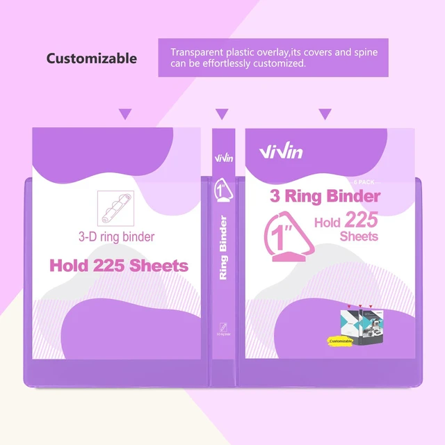 Alt view image 5 of 7 - Sturdy 1 Inch D Ring Binders with 2 Pockets, 6 Pack, Purple 3 Ring Binders with Clear View Cover, Hold 225 Sheets of US Letter Size Paper, PVC-Free for Office, Home, School