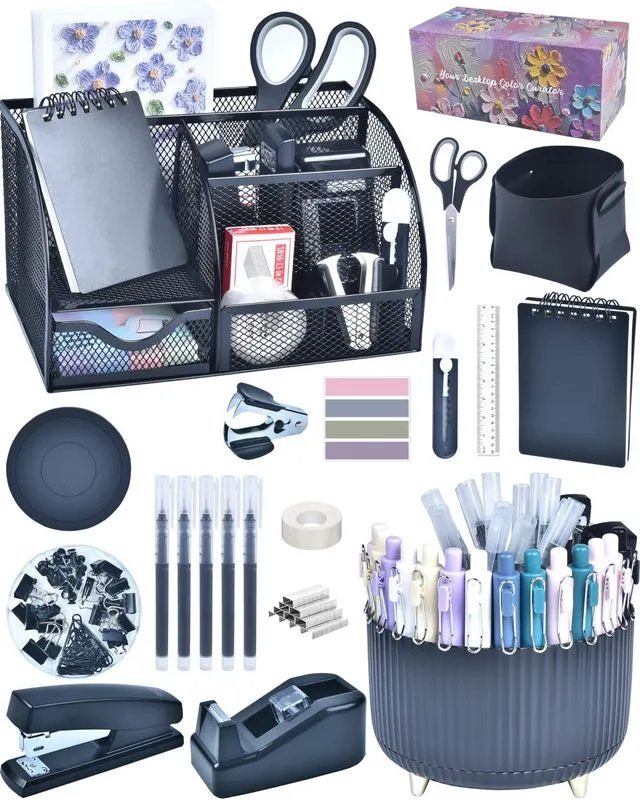 Main image of Black Desk Accessories and Organizers with Desk Organizer and 360°Rotating Pen Holder stapler Pen and a Lot of Office Black Office Supplies Beautifully Presented in a Gift Box