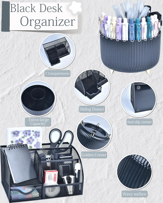 Alt view image 2 of 7 - Black Desk Accessories and Organizers with Desk Organizer and 360°Rotating Pen Holder stapler Pen and a Lot of Office Black Office Supplies Beautifully Presented in a Gift Box