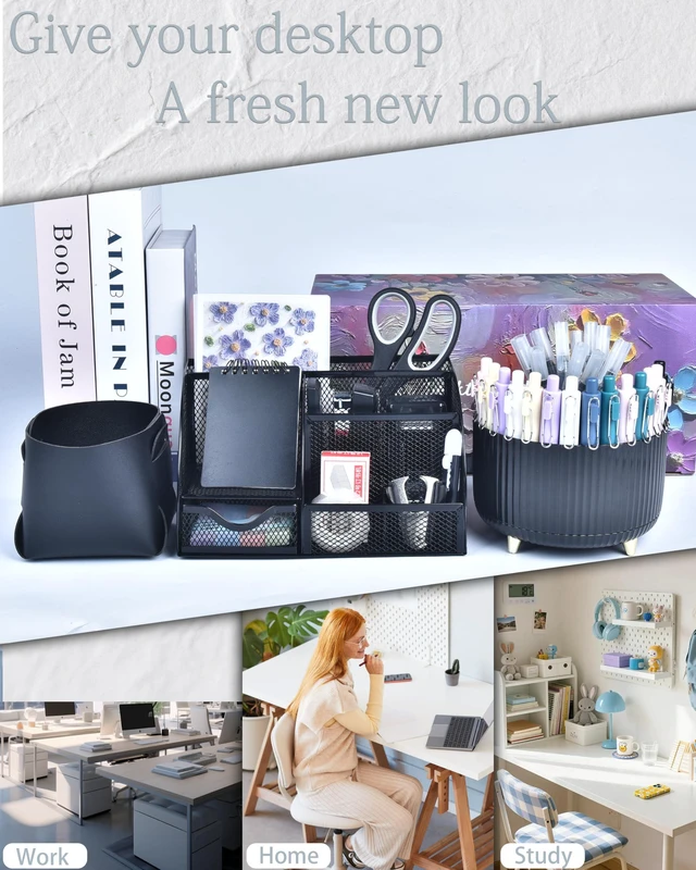 Alt view image 3 of 7 - Black Desk Accessories and Organizers with Desk Organizer and 360°Rotating Pen Holder stapler Pen and a Lot of Office Black Office Supplies Beautifully Presented in a Gift Box