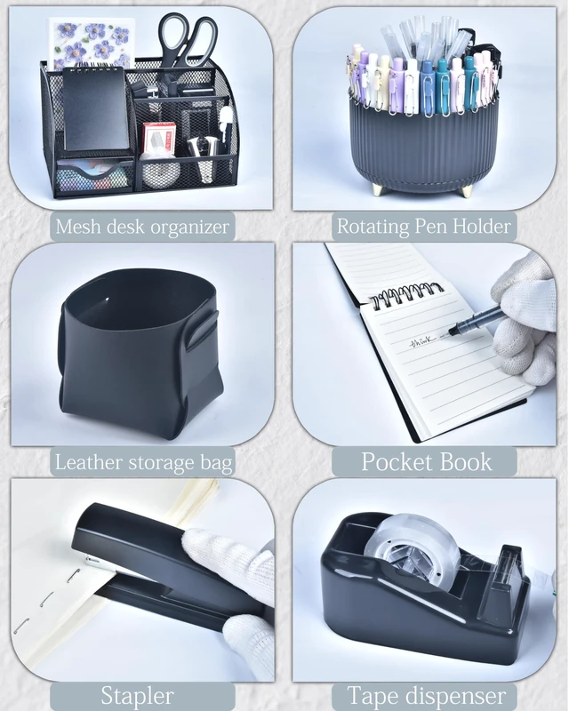 Alt view image 4 of 7 - Black Desk Accessories and Organizers with Desk Organizer and 360°Rotating Pen Holder stapler Pen and a Lot of Office Black Office Supplies Beautifully Presented in a Gift Box
