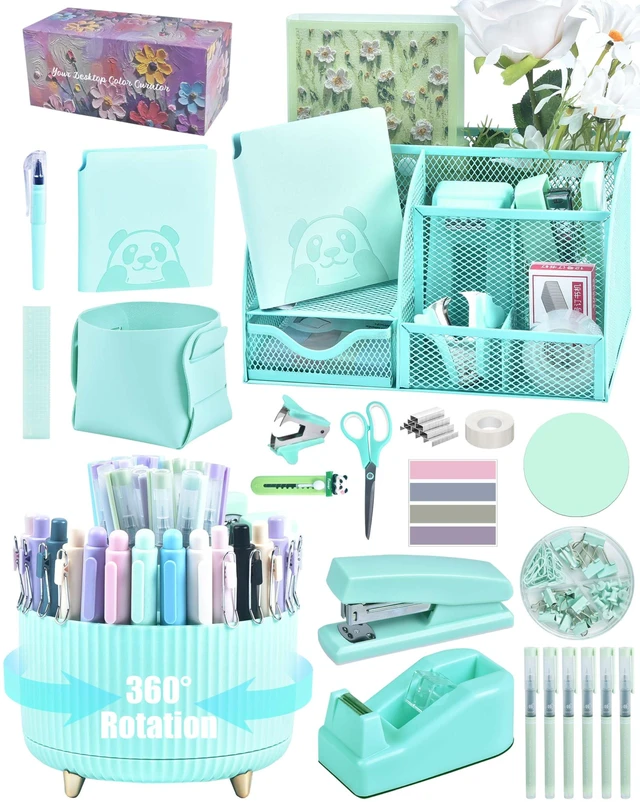 Main image of Green Desk Accessories and Organizers with Desk Organizer and 360°Rotating Pen Holder stapler Pen and a Lot of Office Green Office Supplies Beautifully Presented in a Gift Box