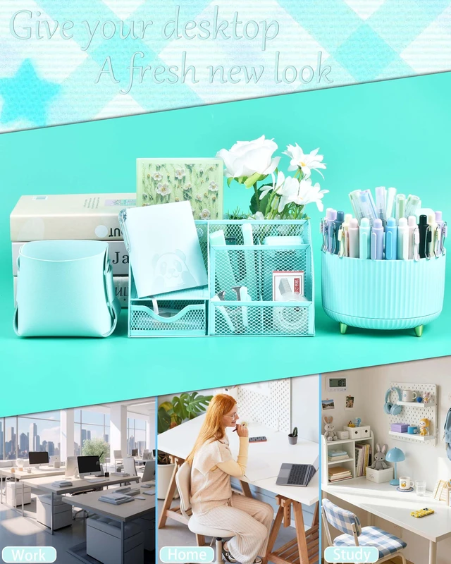 Alt view image 2 of 7 - Green Desk Accessories and Organizers with Desk Organizer and 360°Rotating Pen Holder stapler Pen and a Lot of Office Green Office Supplies Beautifully Presented in a Gift Box