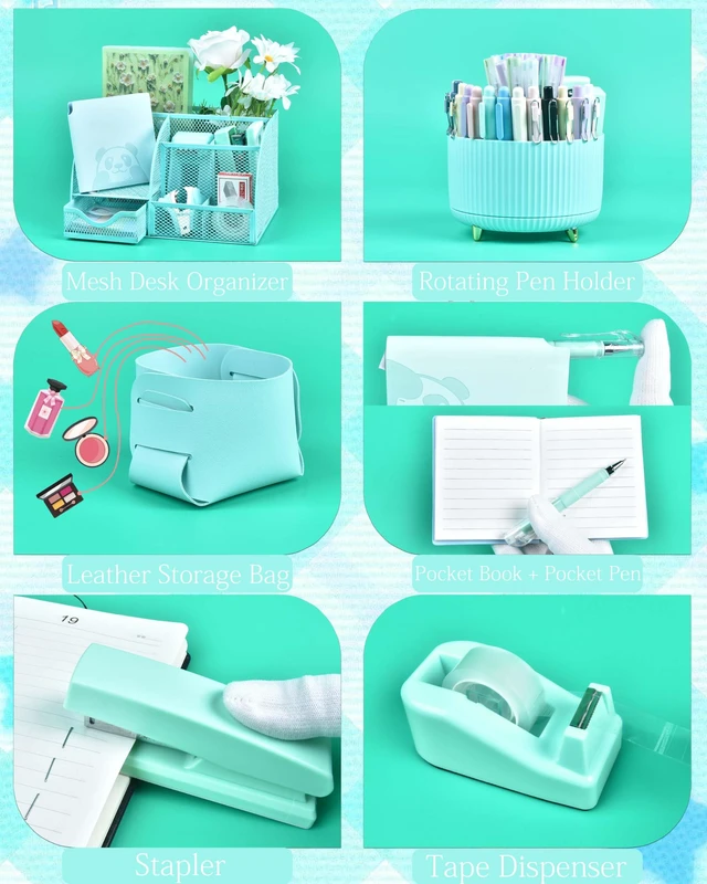 Alt view image 4 of 7 - Green Desk Accessories and Organizers with Desk Organizer and 360°Rotating Pen Holder stapler Pen and a Lot of Office Green Office Supplies Beautifully Presented in a Gift Box