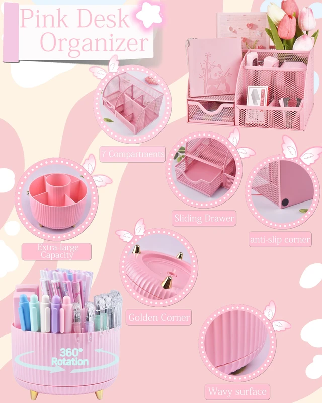 Alt view image 2 of 7 - Pink Desk Accessories and Organizers with Desk Organizer and 360°Rotating Pen Holder stapler Pen and a Lot of Office Pink Office Supplies Beautifully Presented in a Gift Box