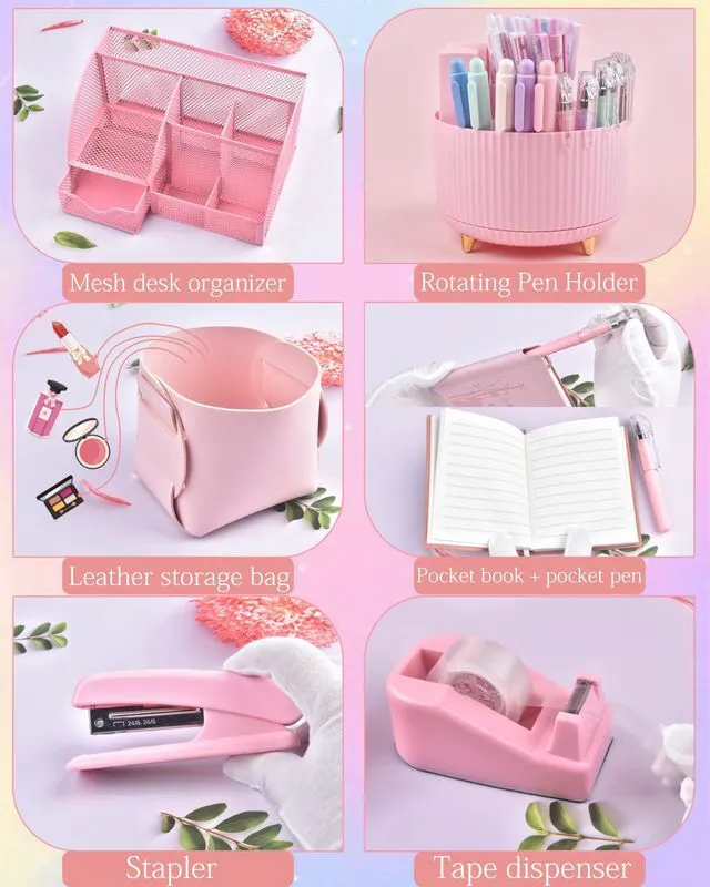 Alt view image 3 of 7 - Pink Desk Accessories and Organizers with Desk Organizer and 360°Rotating Pen Holder stapler Pen and a Lot of Office Pink Office Supplies Beautifully Presented in a Gift Box
