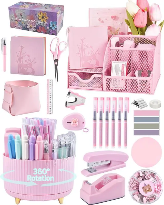 Main image of Pink Desk Accessories and Organizers with Desk Organizer and 360°Rotating Pen Holder stapler Pen and a Lot of Office Pink Office Supplies Beautifully Presented in a Gift Box
