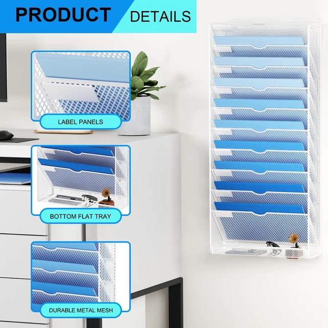 Alt view image 4 of 7 - Hanging Wall File Organizer 10 Tier Wall Mounted File Holder Document Wall Organizer Magazine Organization for Office Home, White